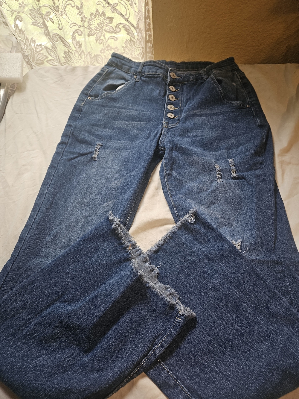Distressed Boyfriend Jeans with Button-Fly - Dark Blue